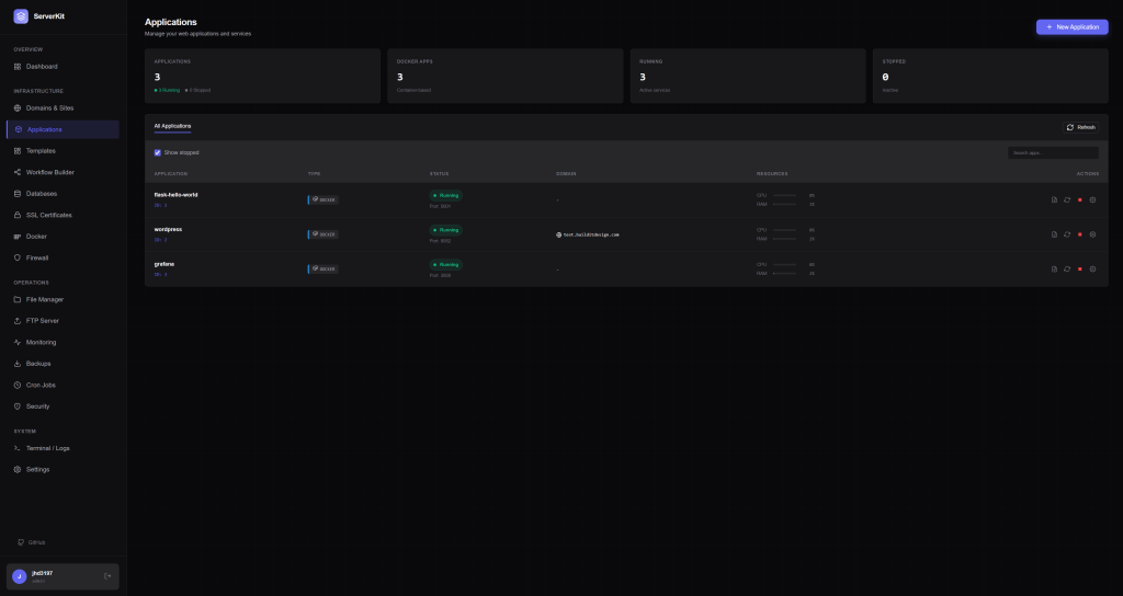 Application management screenshot